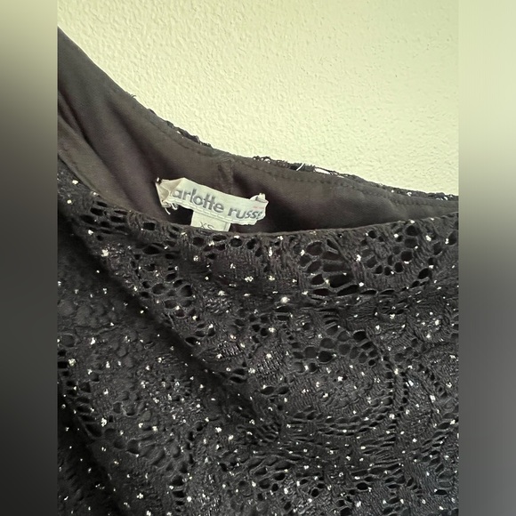 CHARLOTTE RUSSE Black Sparkly Lace Mini Dress Long Sleeve One Shoulder - Picture 7 of 9